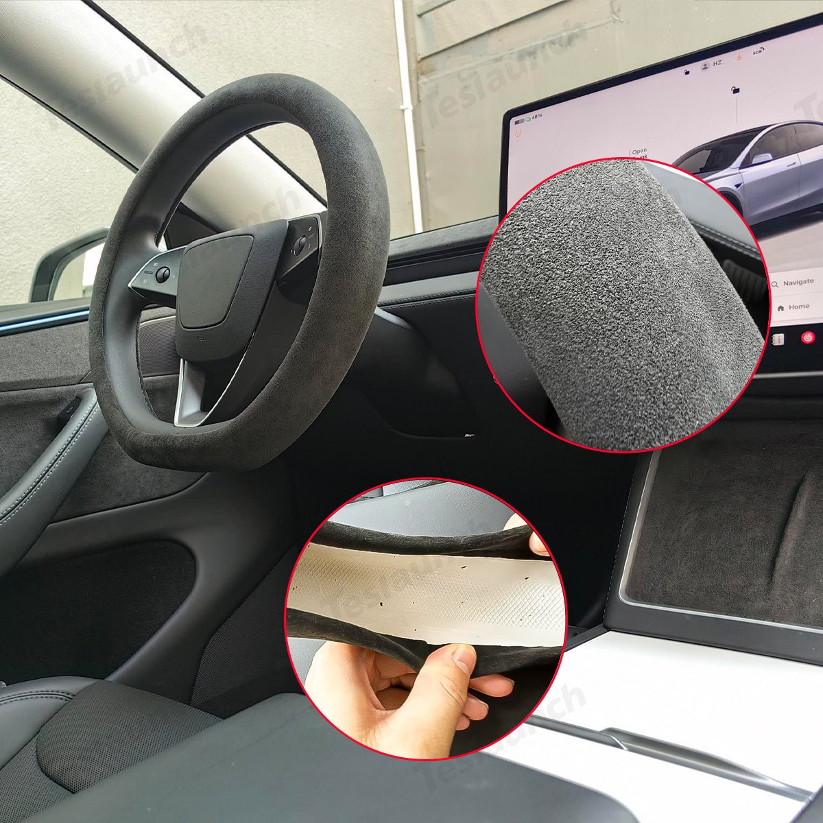 Alcantara One-Piece Steering Wheel Cover for Tesla Model Y Juniper 2025+/ Model 3 Highland 2024+ - T-Launch