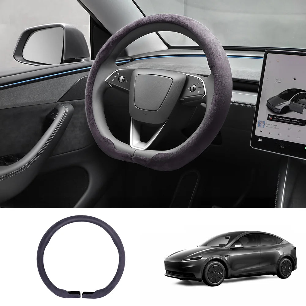 Alcantara Steering Wheel Cover (Hand Stitch, Half-Open, One-Piece) for 2026 New Tesla Model Y Standard - T-Launch