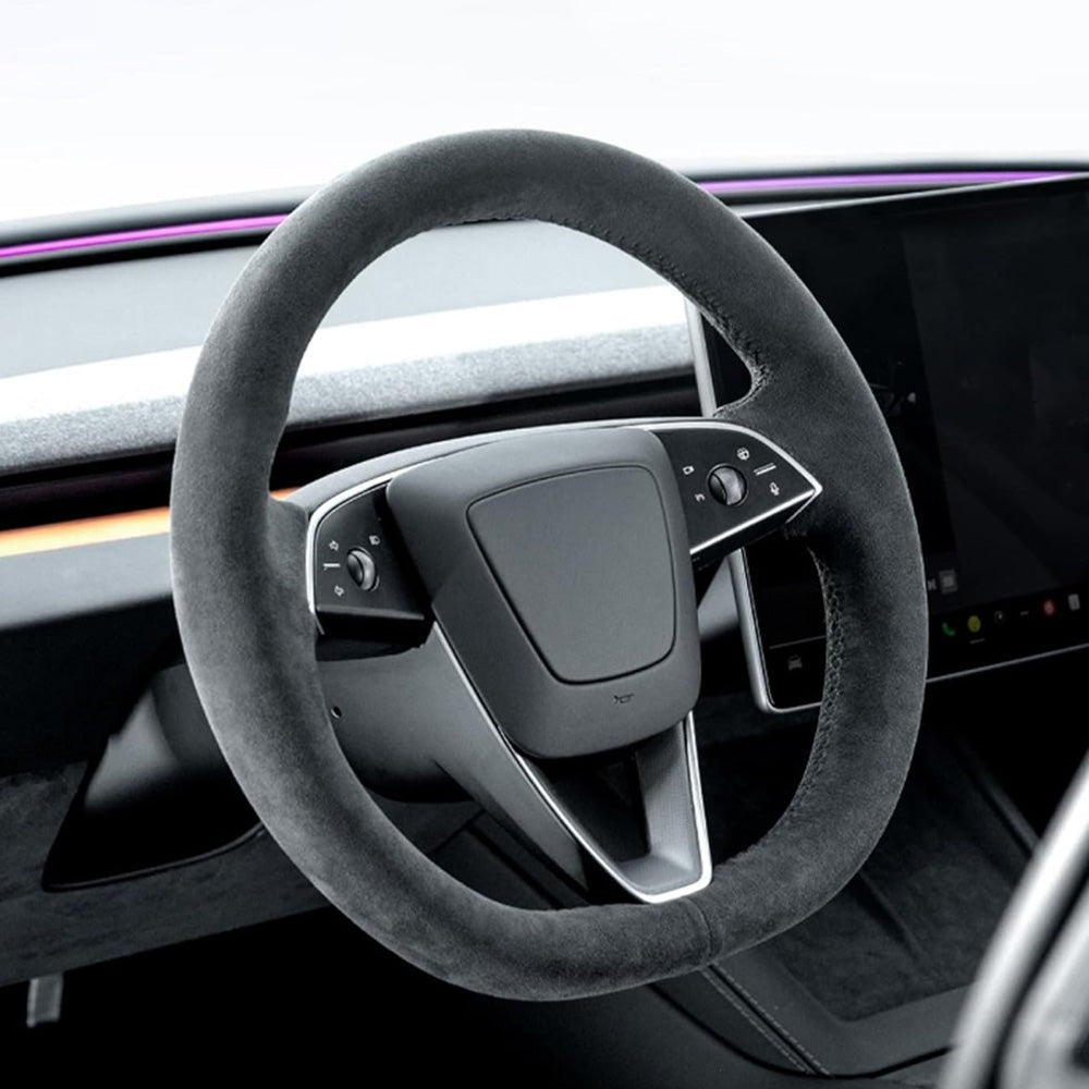 Alcantara Steering Wheel Cover (Hand Stitch, Half-Open, One-Piece) for Tesla Model 3 Highland Standard 2025+ - T-Launch