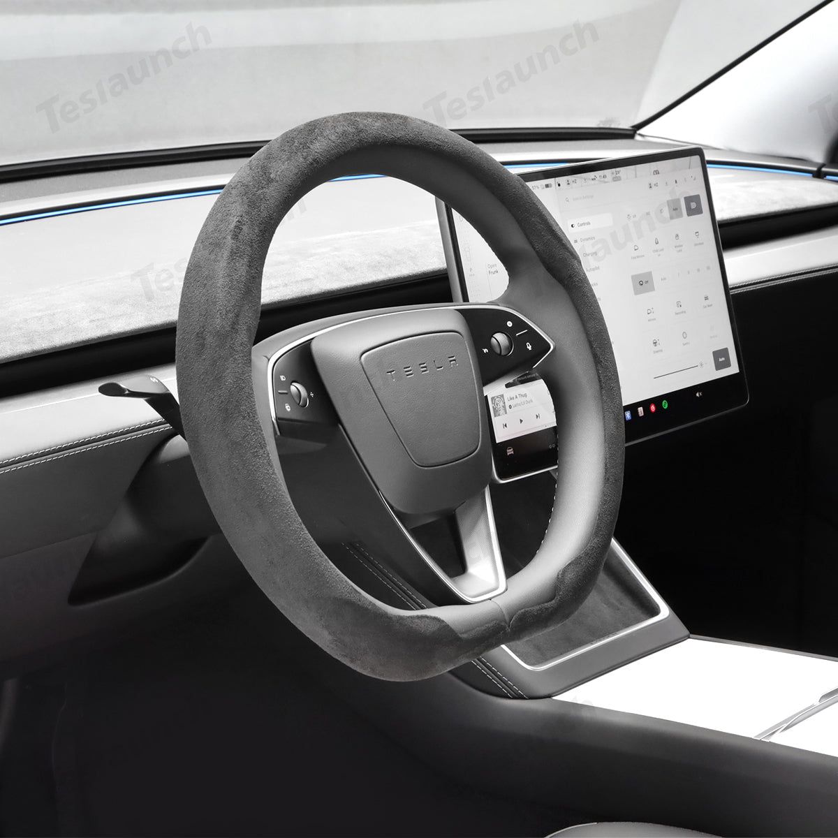 Alcantara Steering Wheel Cover (Hand Stitch, Half-Open, One-Piece) for Tesla Model 3 Highland Standard 2025+ - T-Launch