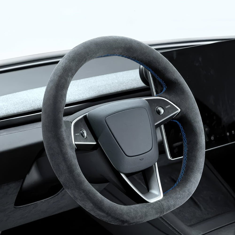 Alcantara Steering Wheel Cover (Hand Stitch, Half-Open, One-Piece) for Tesla Model 3 Highland Standard 2025+ - T-Launch