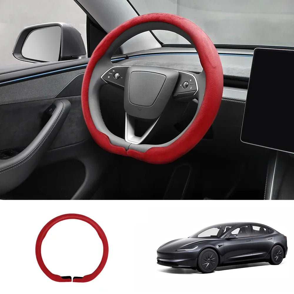 Alcantara Steering Wheel Cover (Hand Stitch, Half-Open, One-Piece) for Tesla Model 3 Highland Standard 2025+ - T-Launch