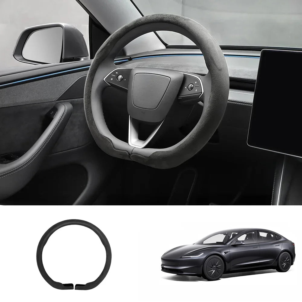 Alcantara Steering Wheel Cover (Hand Stitch, Half-Open, One-Piece) for Tesla Model 3 Highland Standard 2025+ - T-Launch