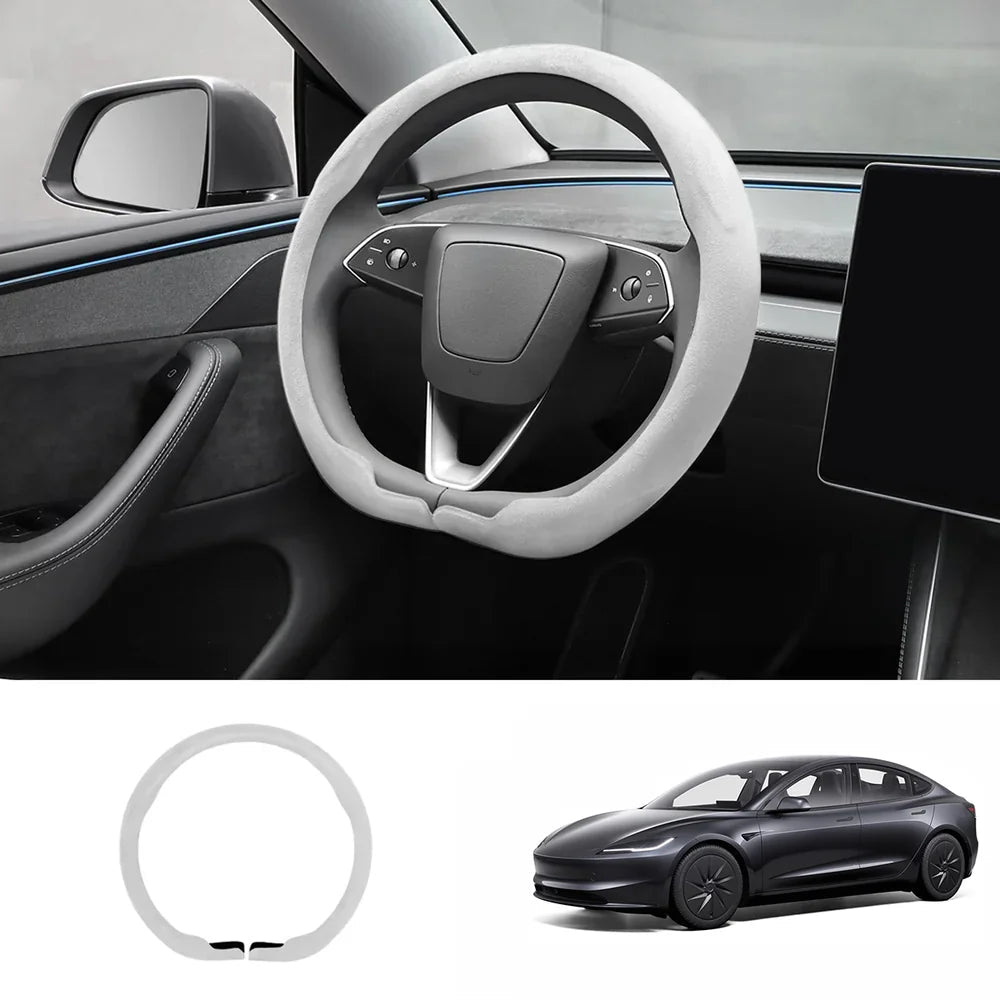Alcantara Steering Wheel Cover (Hand Stitch, Half-Open, One-Piece) for Tesla Model 3 Highland Standard 2025+ - T-Launch