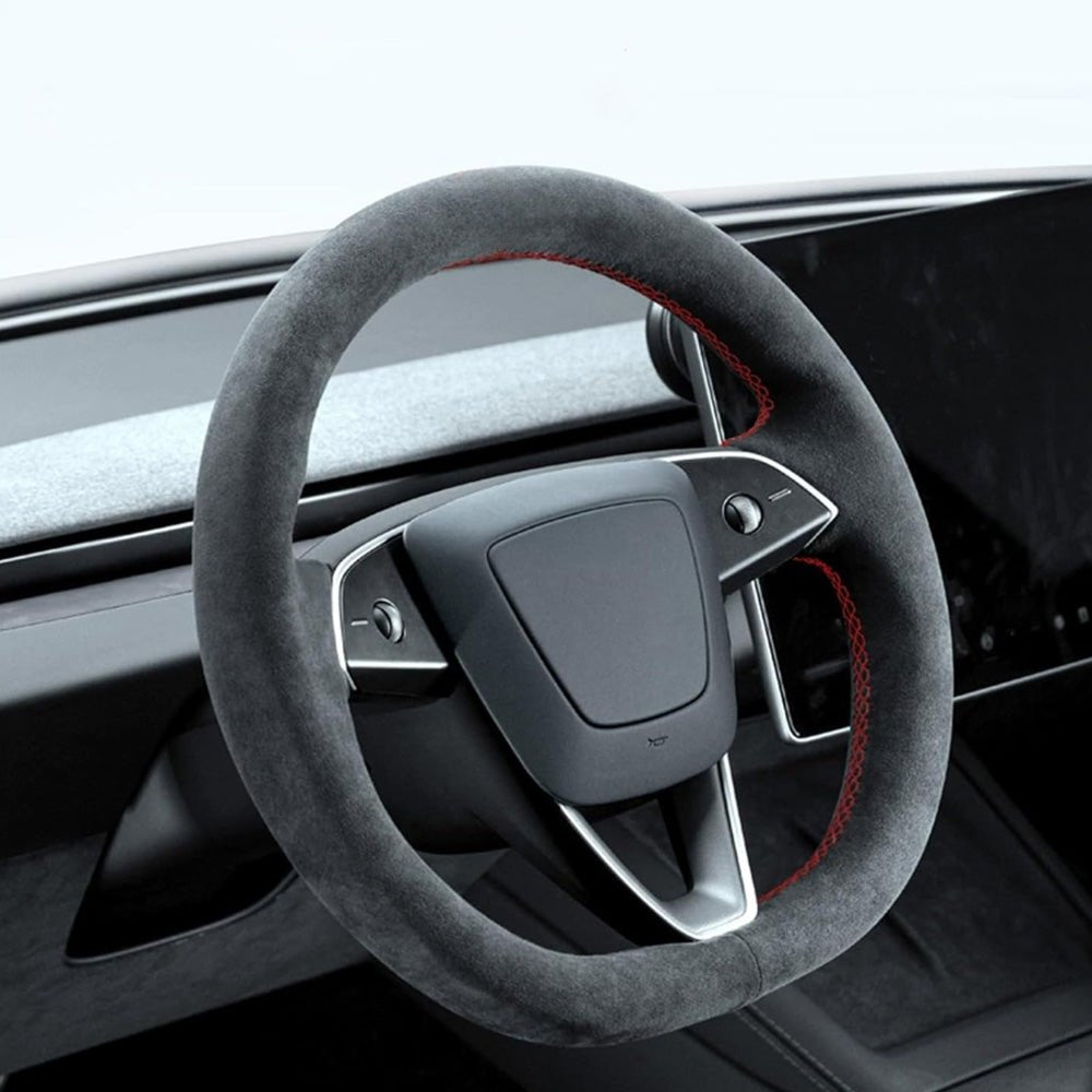 Alcantara Steering Wheel Cover (Hand Stitch, Half-Open, One-Piece) for Tesla Model 3 Highland Standard 2025+ - T-Launch