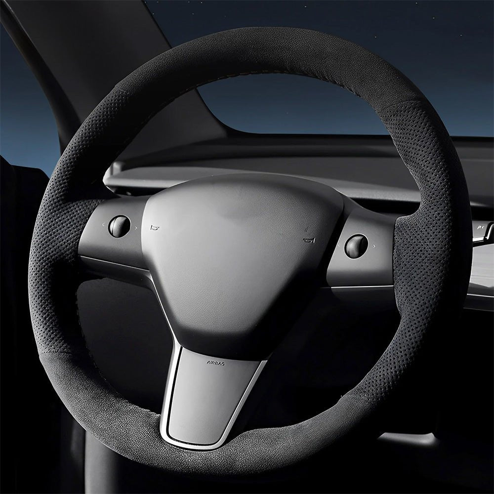 Alcantara Steering Wheel Cover (Hand Stitch, Half-Open, One-Piece) for Tesla Model 3 Highland Standard 2025+ - T-Launch