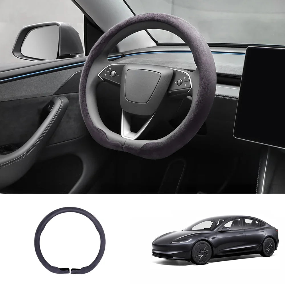 Alcantara Steering Wheel Cover (Hand Stitch, Half-Open, One-Piece) for Tesla Model 3 Highland Standard 2025+ - T-Launch