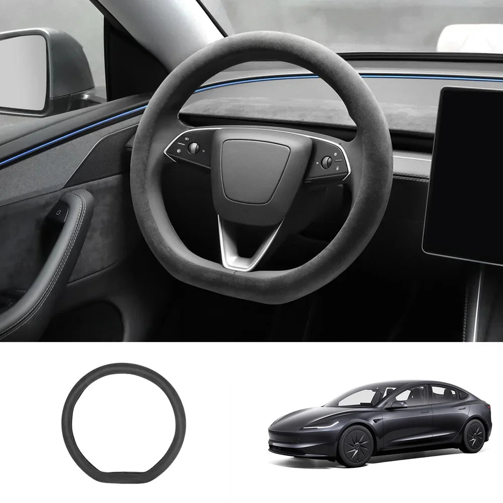 Alcantara Steering Wheel Cover (Hand Stitch, Half-Open, One-Piece) for Tesla Model 3 Highland Standard 2025+ - T-Launch
