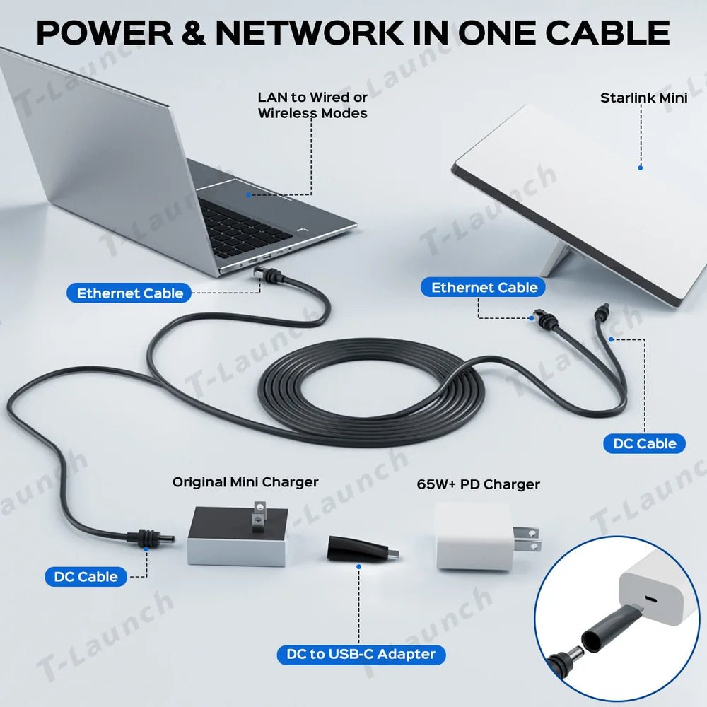 All-in-One Starlink Mini Ethernet & Power Cable - RJ45 & DC Connections - T-Launch