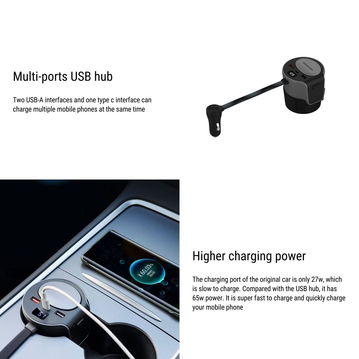 Tesla Model3/Y Center Console Docking Station USB Hub 65W Fast Charging