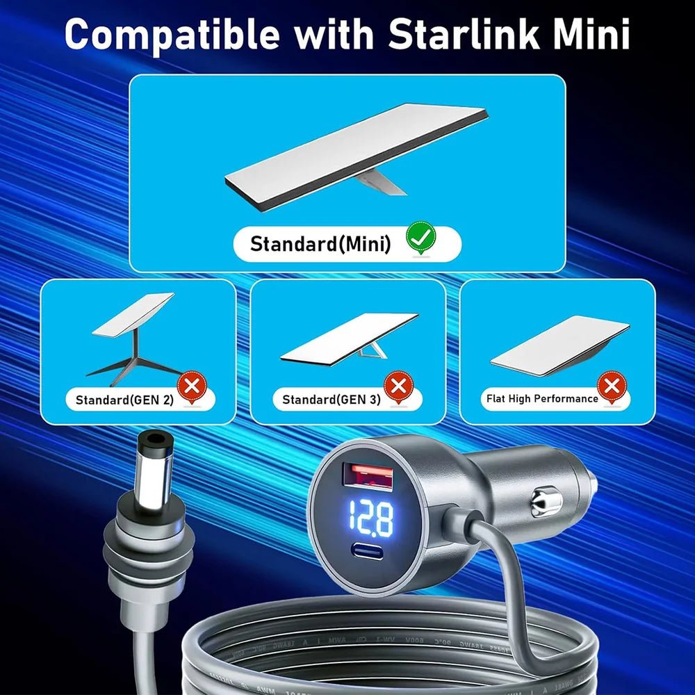 Car Cigarette Lighter DC Power Cable with Digital Voltage Display for Starlink Mini - T-Launch