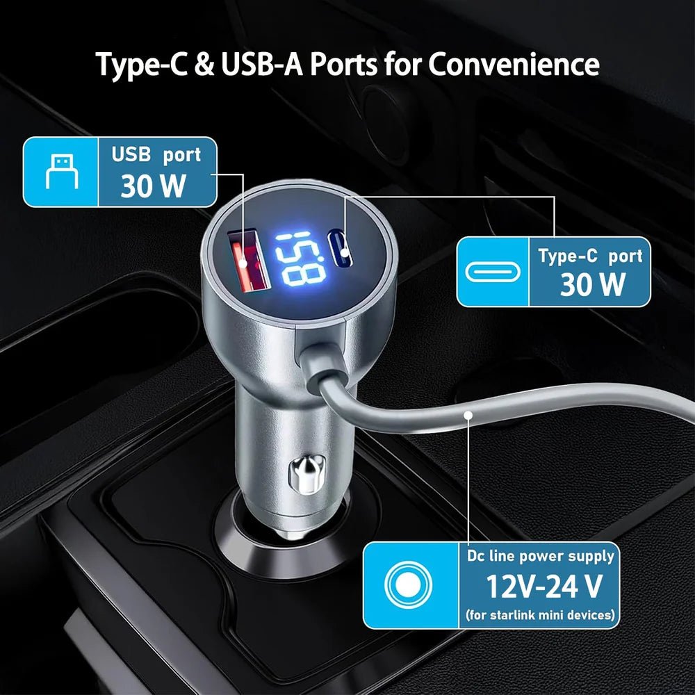 Car Cigarette Lighter DC Power Cable with Digital Voltage Display for Starlink Mini - T-Launch