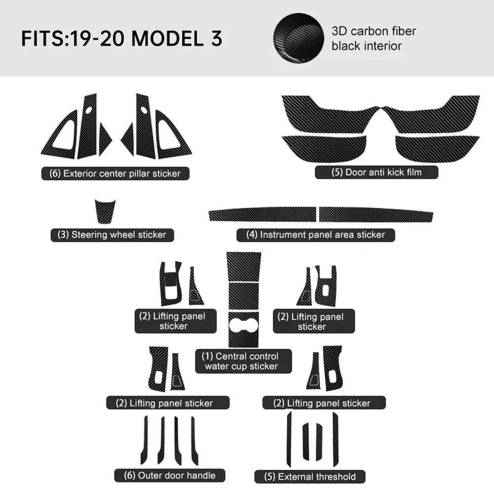 Carbon Fiber Interior Wrap Kit Sticker for Tesla Model 3 - T-Launch