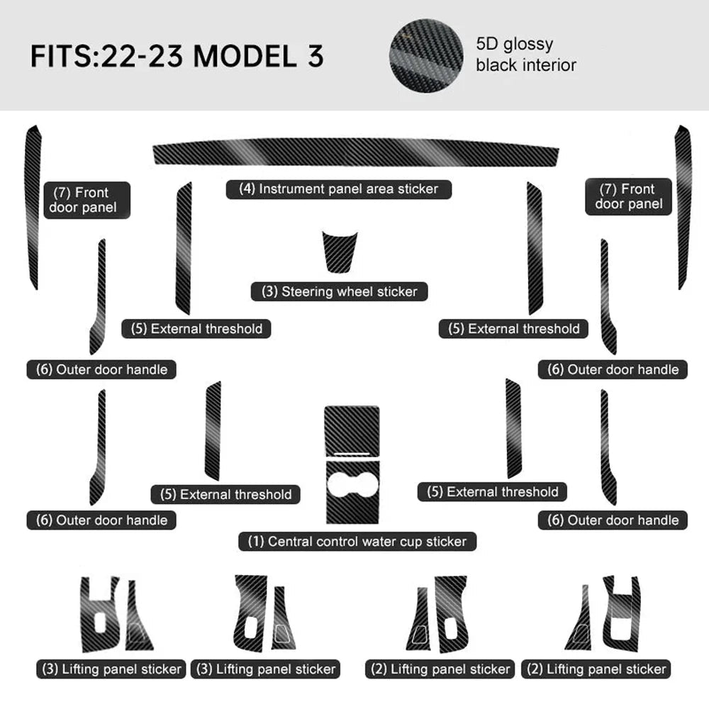 Carbon Fiber Interior Wrap Kit Sticker for Tesla Model 3 - T-Launch