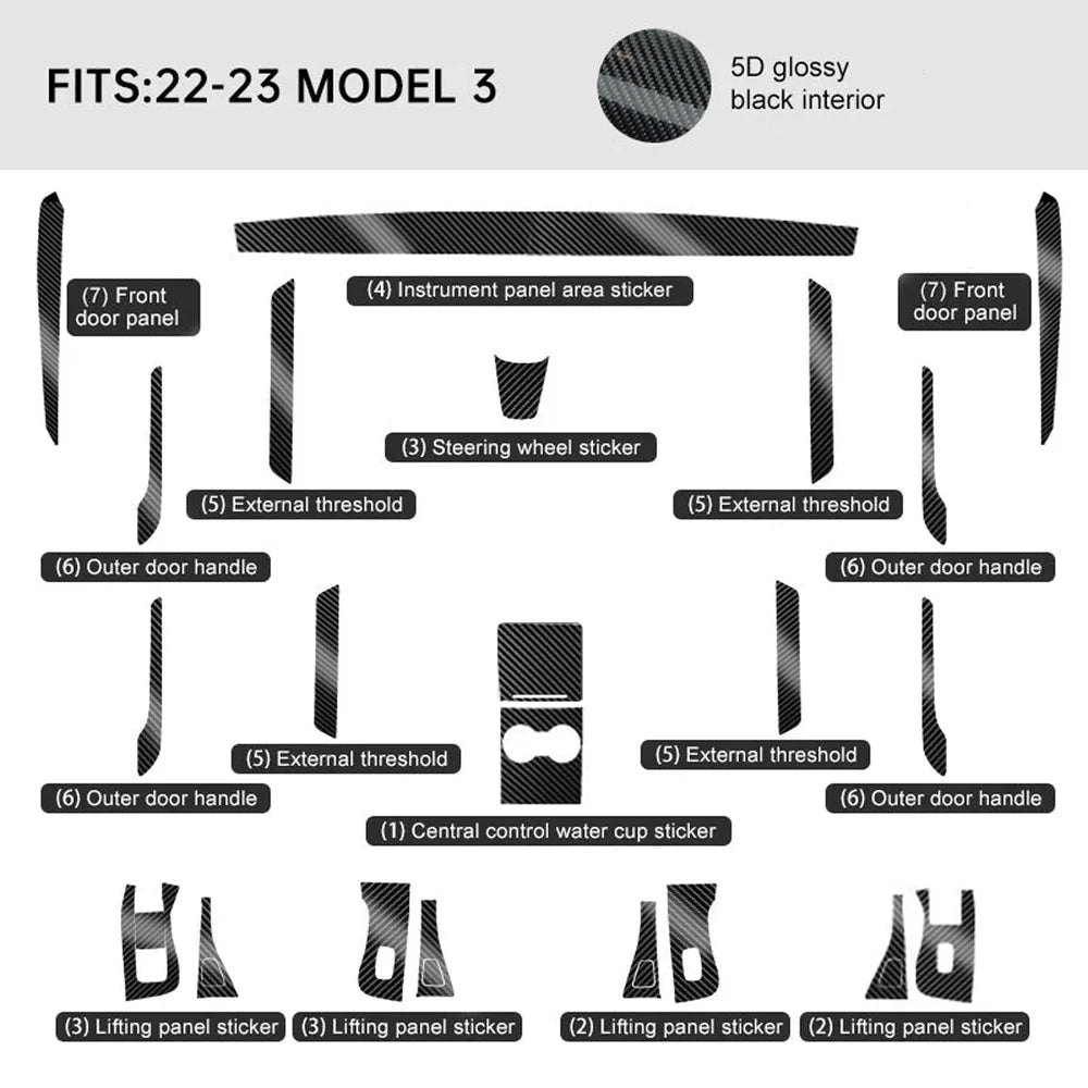 Carbon Fiber Interior Wrap Kit Sticker for Tesla Model 3 - T-Launch