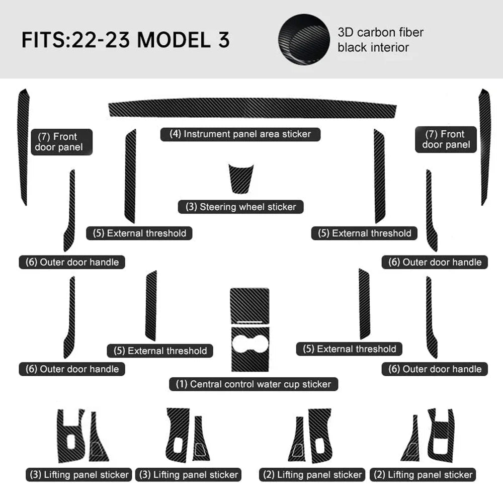 Carbon Fiber Interior Wrap Kit Sticker for Tesla Model 3 - T-Launch