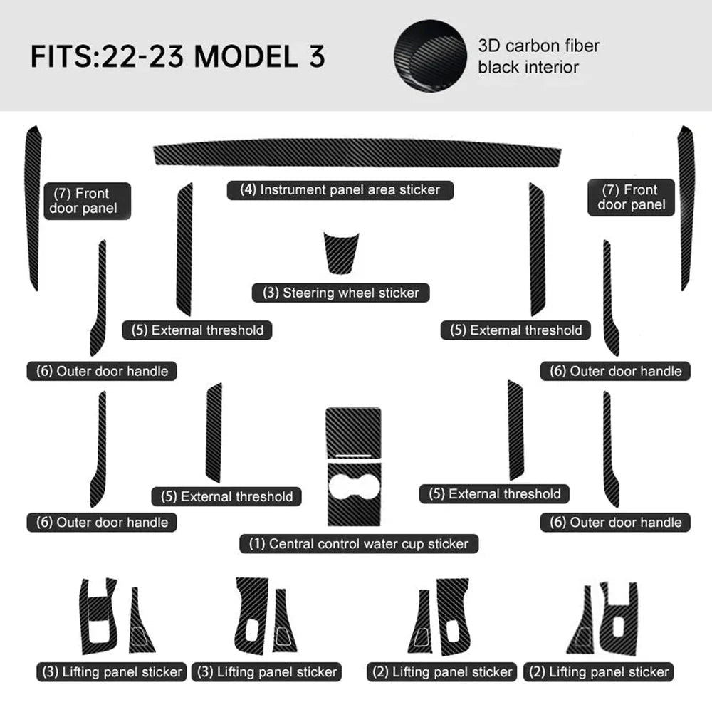 Carbon Fiber Interior Wrap Kit Sticker for Tesla Model 3 - T-Launch