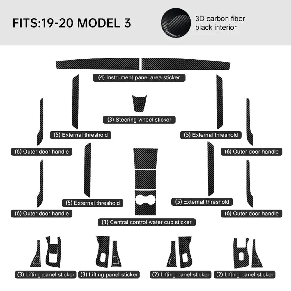Carbon Fiber Interior Wrap Kit Sticker for Tesla Model 3 - T-Launch