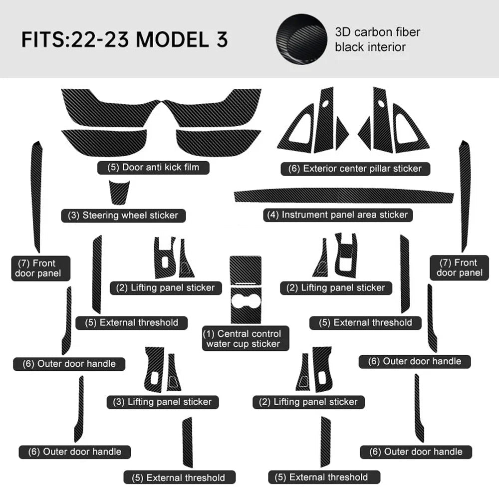Carbon Fiber Interior Wrap Kit Sticker for Tesla Model 3 - T-Launch