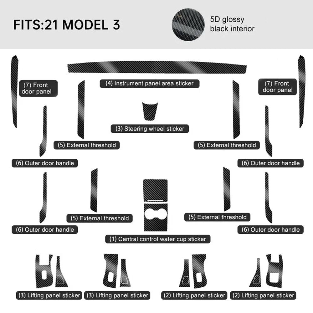 Carbon Fiber Interior Wrap Kit Sticker for Tesla Model 3 - T-Launch