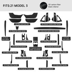 Carbon Fiber Interior Wrap Kit Sticker for Tesla Model 3 - T-Launch