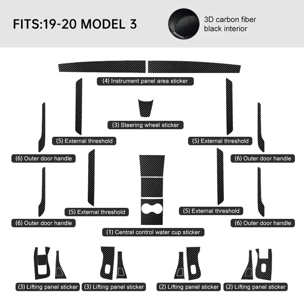 Carbon Fiber Interior Wrap Kit Sticker for Tesla Model 3 - T-Launch