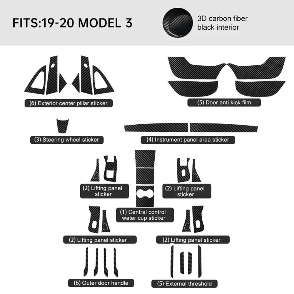 Carbon Fiber Interior Wrap Kit Sticker for Tesla Model 3 - T-Launch