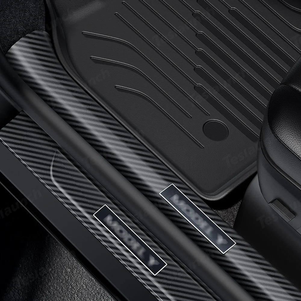 Carbon Fiber Style Door Sill Protector Set (8 Pieces) for Tesla Model Y Juniper 2025+ - T-Launch