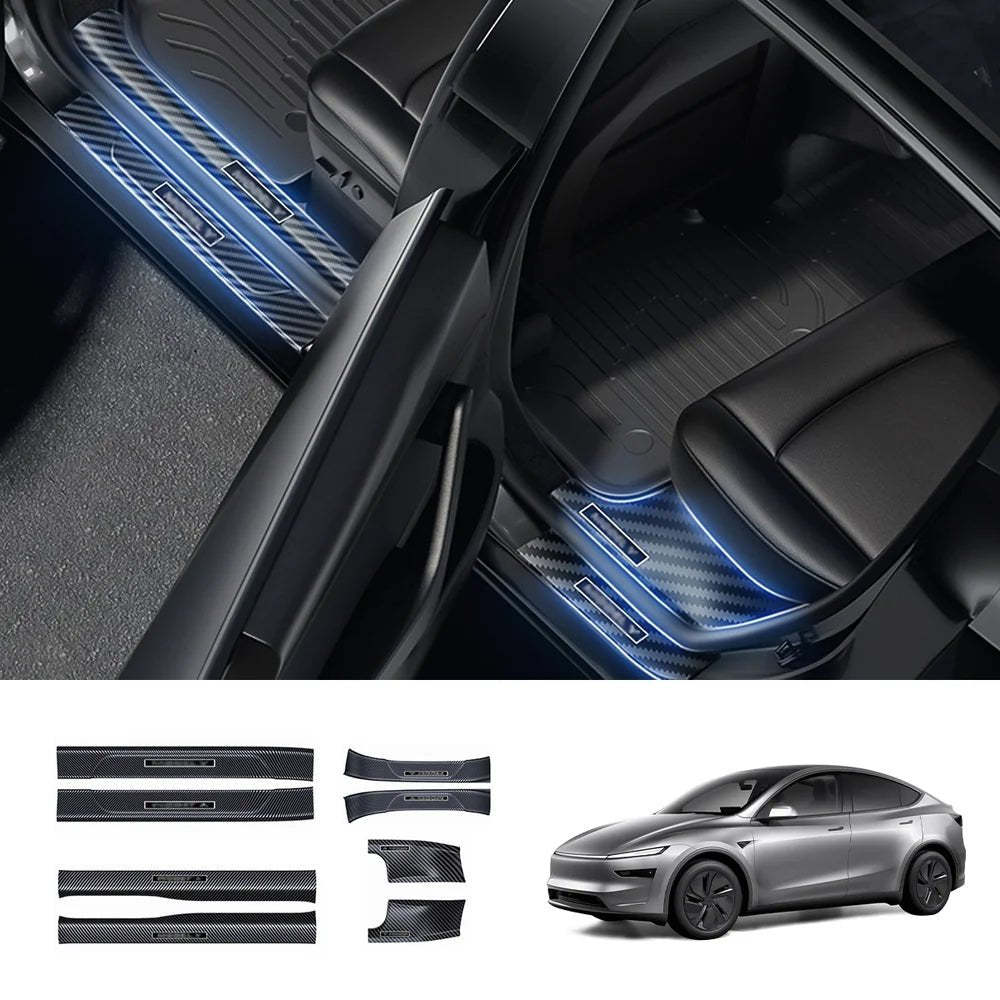 Carbon Fiber Style Door Sill Protector Set (8 Pieces) for Tesla Model Y Juniper 2025+ - T-Launch