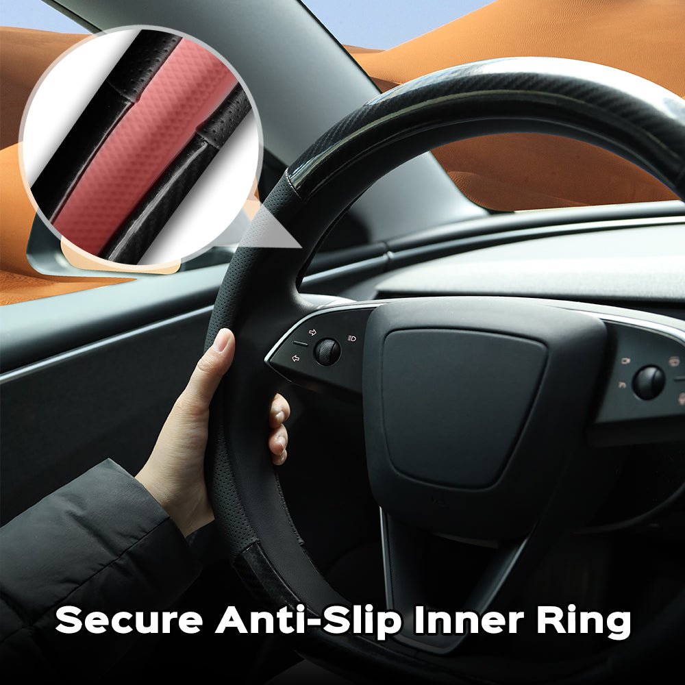 D-Shaped Carbon Pattern Leather Steering Wheel Cover for Tesla Model Y Juniper 2025+ - T-Launch