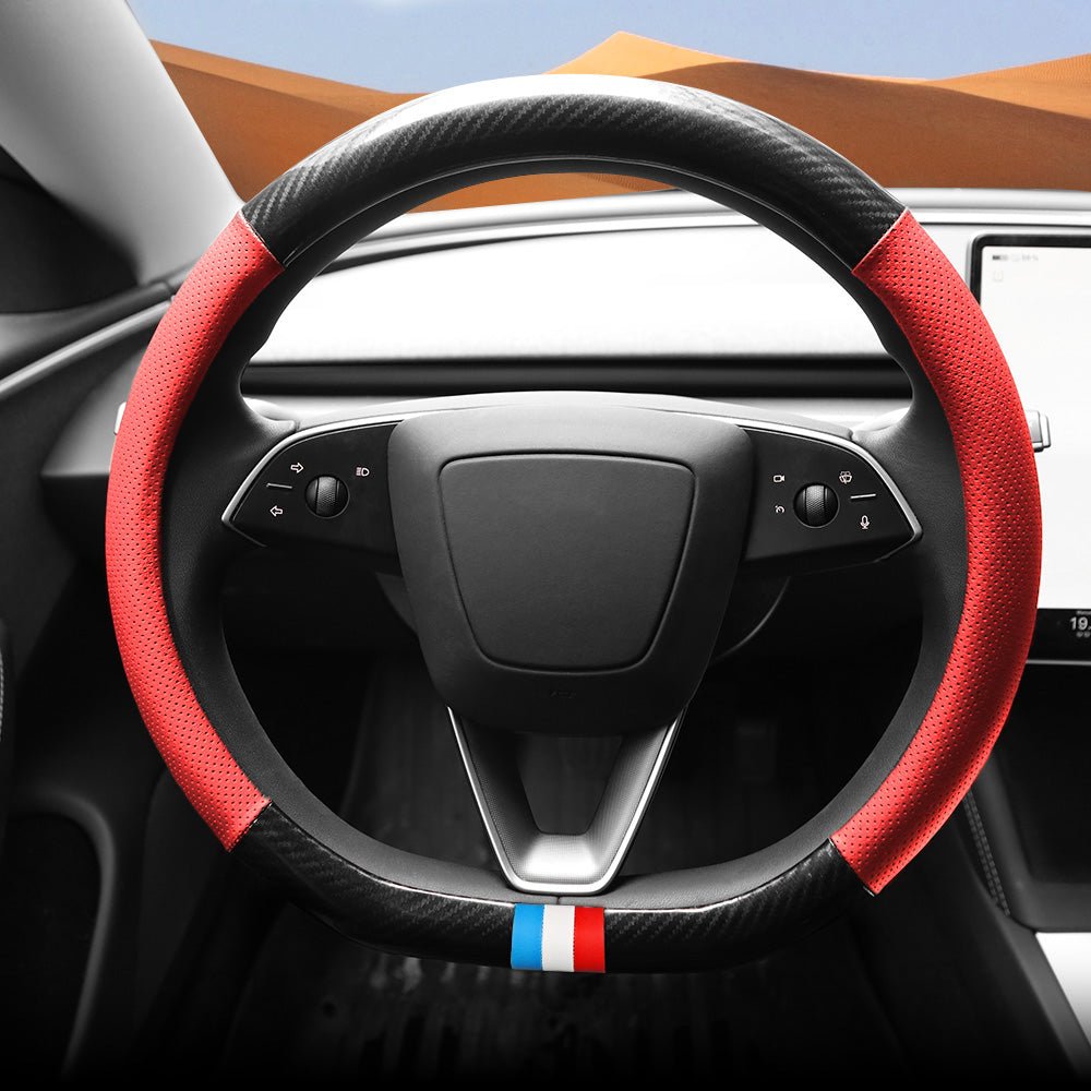 D-Shaped Carbon Pattern Leather Steering Wheel Cover for Tesla Model Y Juniper 2025+ - T-Launch