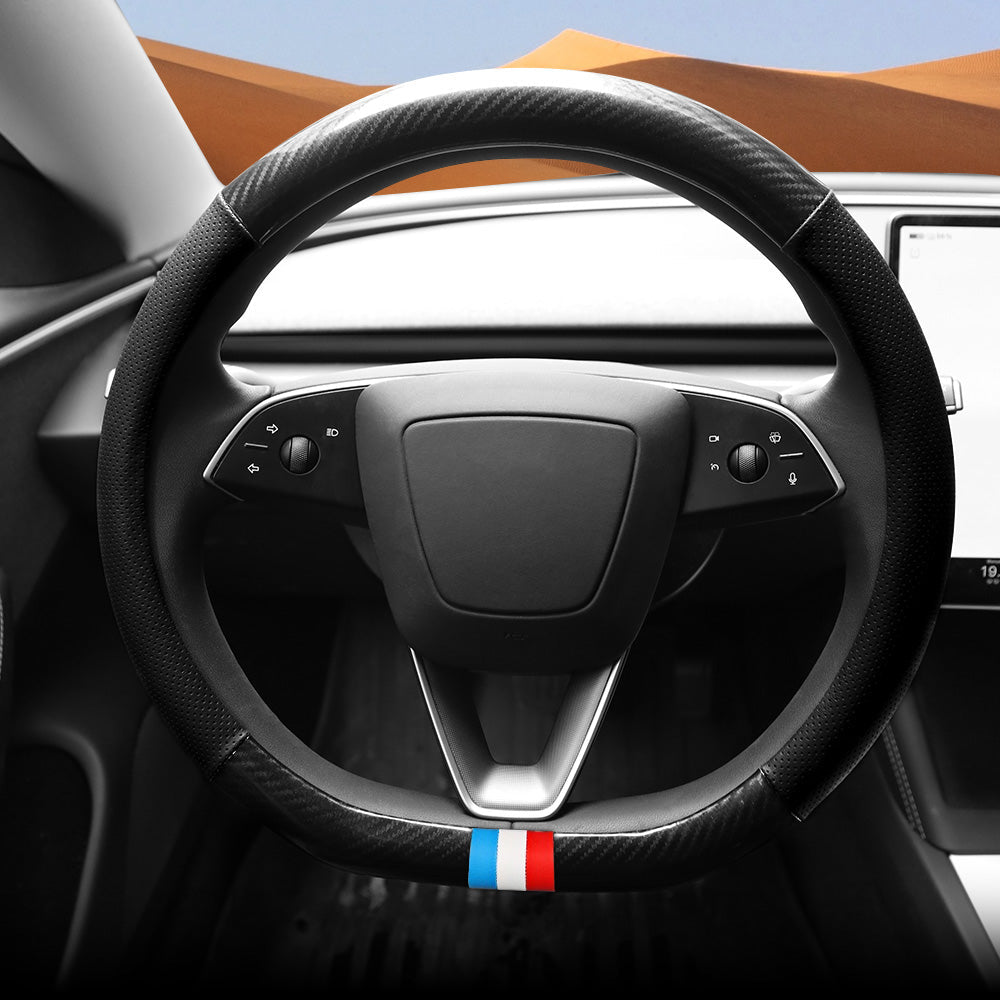 D-Shaped Carbon Pattern Leather Steering Wheel Cover for Tesla Model Y Juniper 2025+ - T-Launch