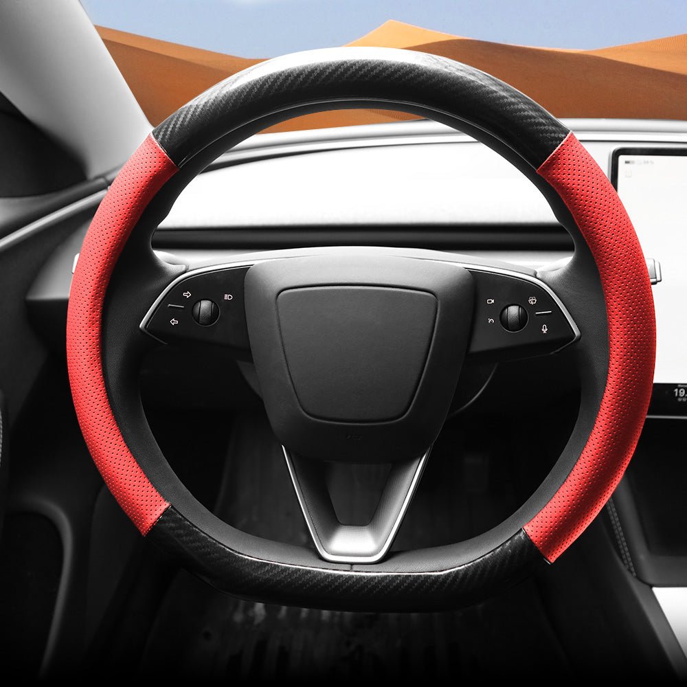 D-Shaped Carbon Pattern Leather Steering Wheel Cover for Tesla Model Y Juniper 2025+ - T-Launch