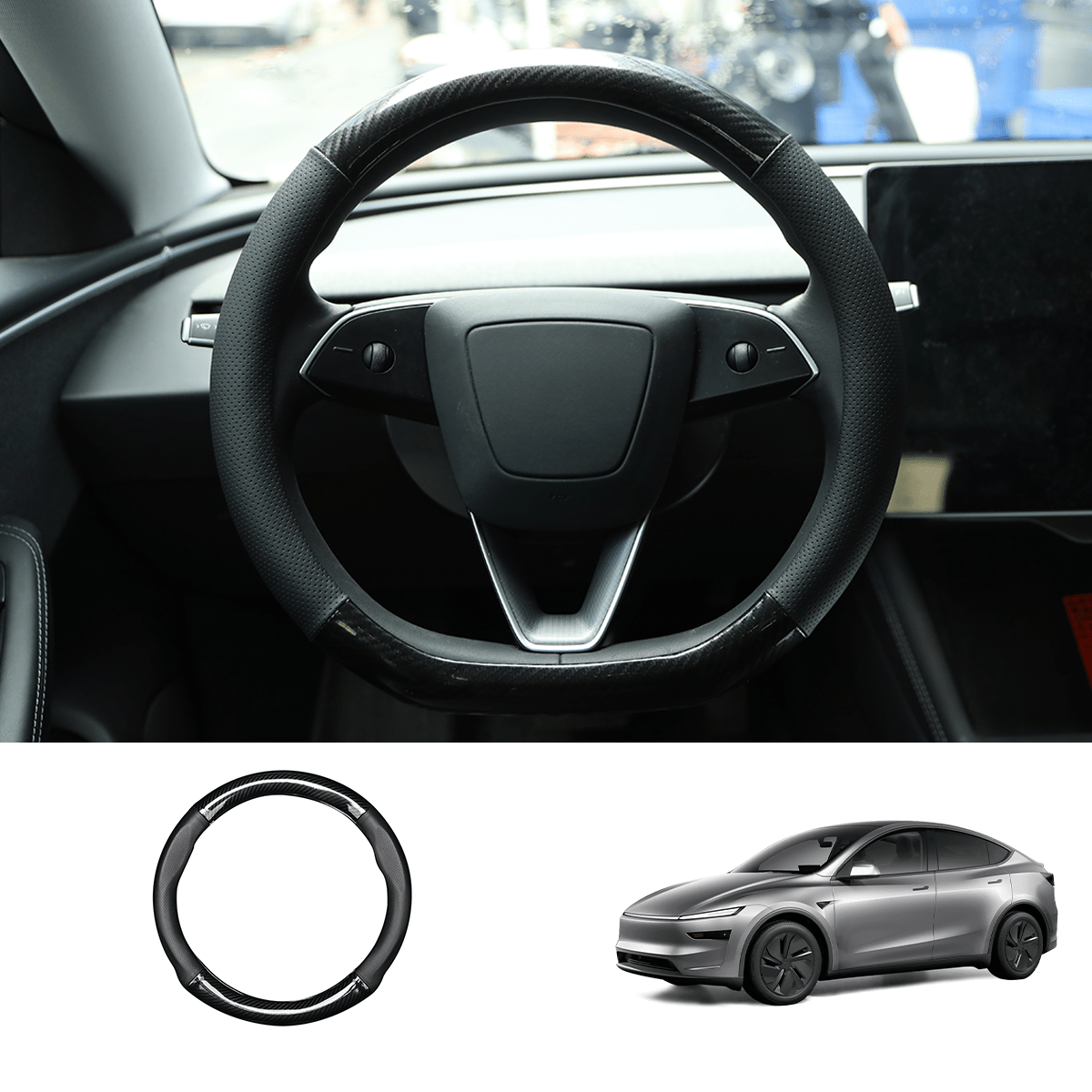 D-Shaped Carbon Pattern Leather Steering Wheel Cover for Tesla Model Y Juniper 2025+ - T-Launch