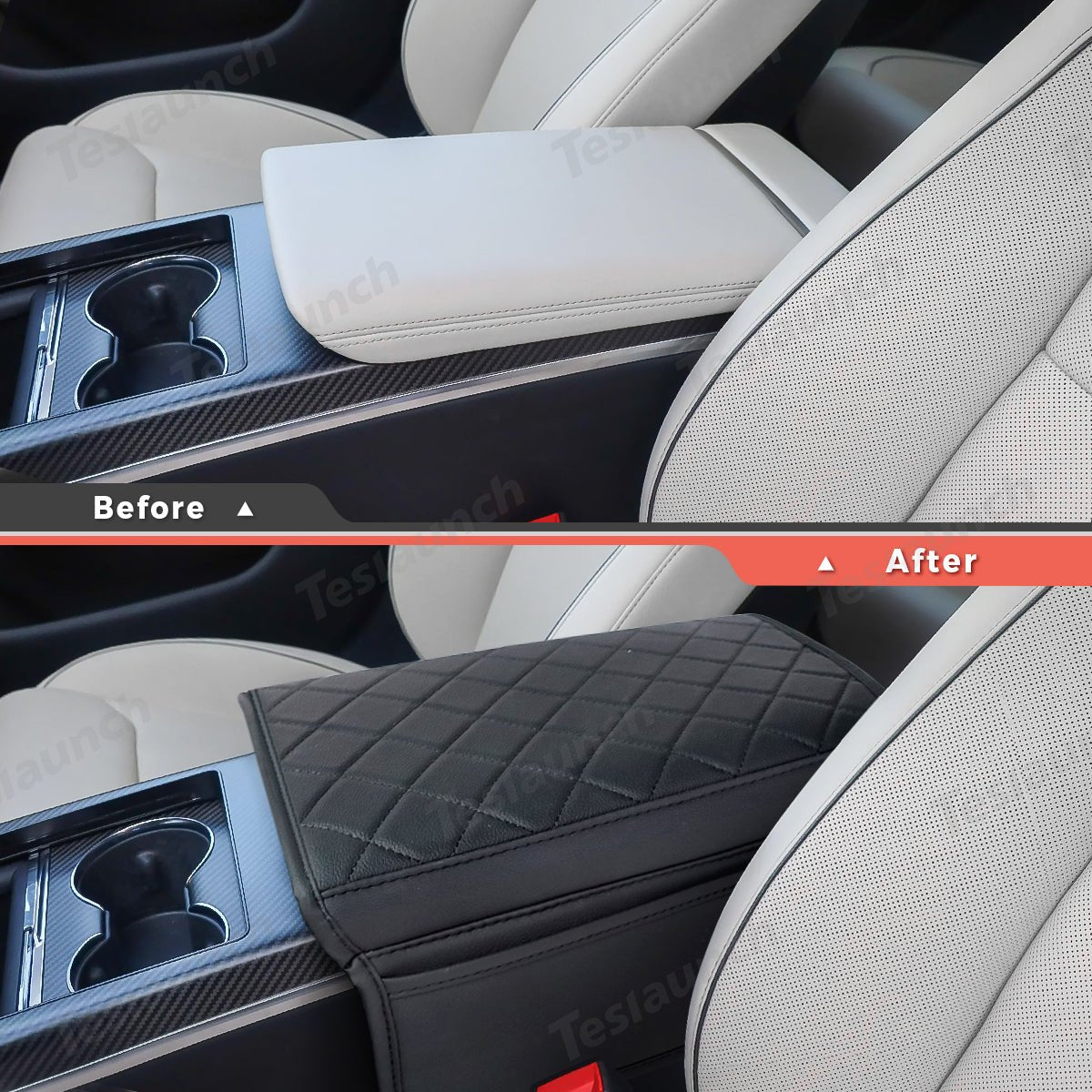 Diamond-Pattern Leather Center Armrest Cover with Pockets for Tesla Model S/X 2021+ - T-Launch
