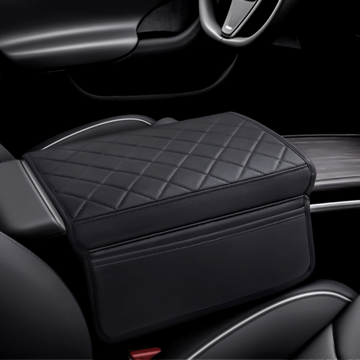 Diamond-Pattern Leather Center Armrest Cover with Pockets for Tesla Model S/X 2021+ - T-Launch