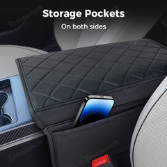 Diamond-Pattern Leather Center Armrest Cover with Pockets for Tesla Model S/X 2021+ - T-Launch