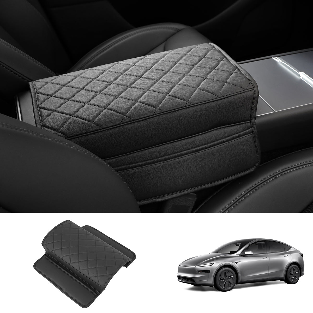Leather Center Armrest Cover with Side Pockets for Tesla Model Y Juniper 2025+ - T-Launch