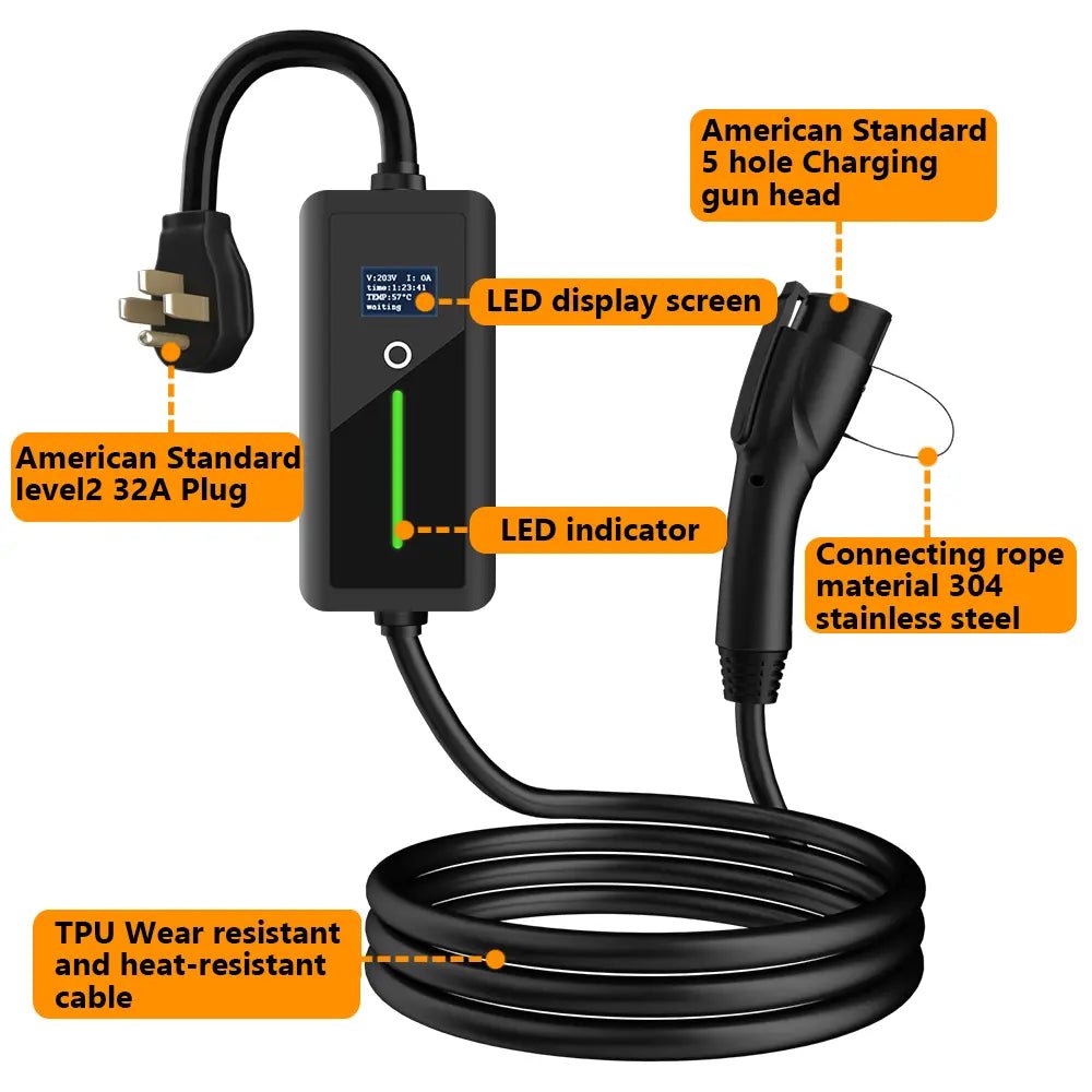 Level 2 J1772/NACS EV Charger for Home Portable EV Charger with Screen Display Adjustable Current - T-Launch