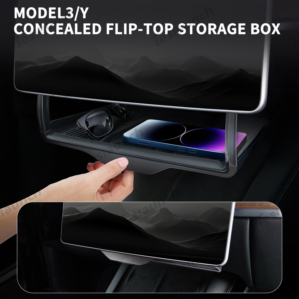 Model 3/Y Hidden Foldable Central Control Screen Lower Storage Box for Tesla - T-Launch
