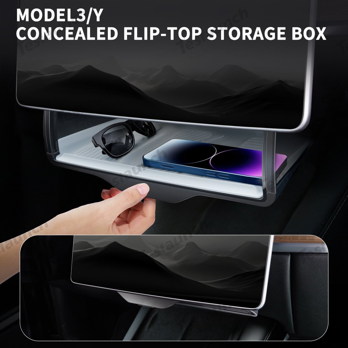 Model 3/Y Hidden Foldable Central Control Screen Lower Storage Box for Tesla - T-Launch