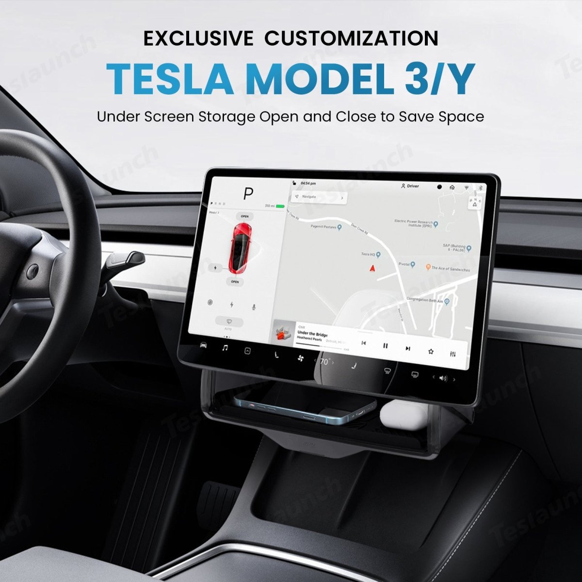 Model 3/Y Hidden Foldable Central Control Screen Lower Storage Box for Tesla - T-Launch