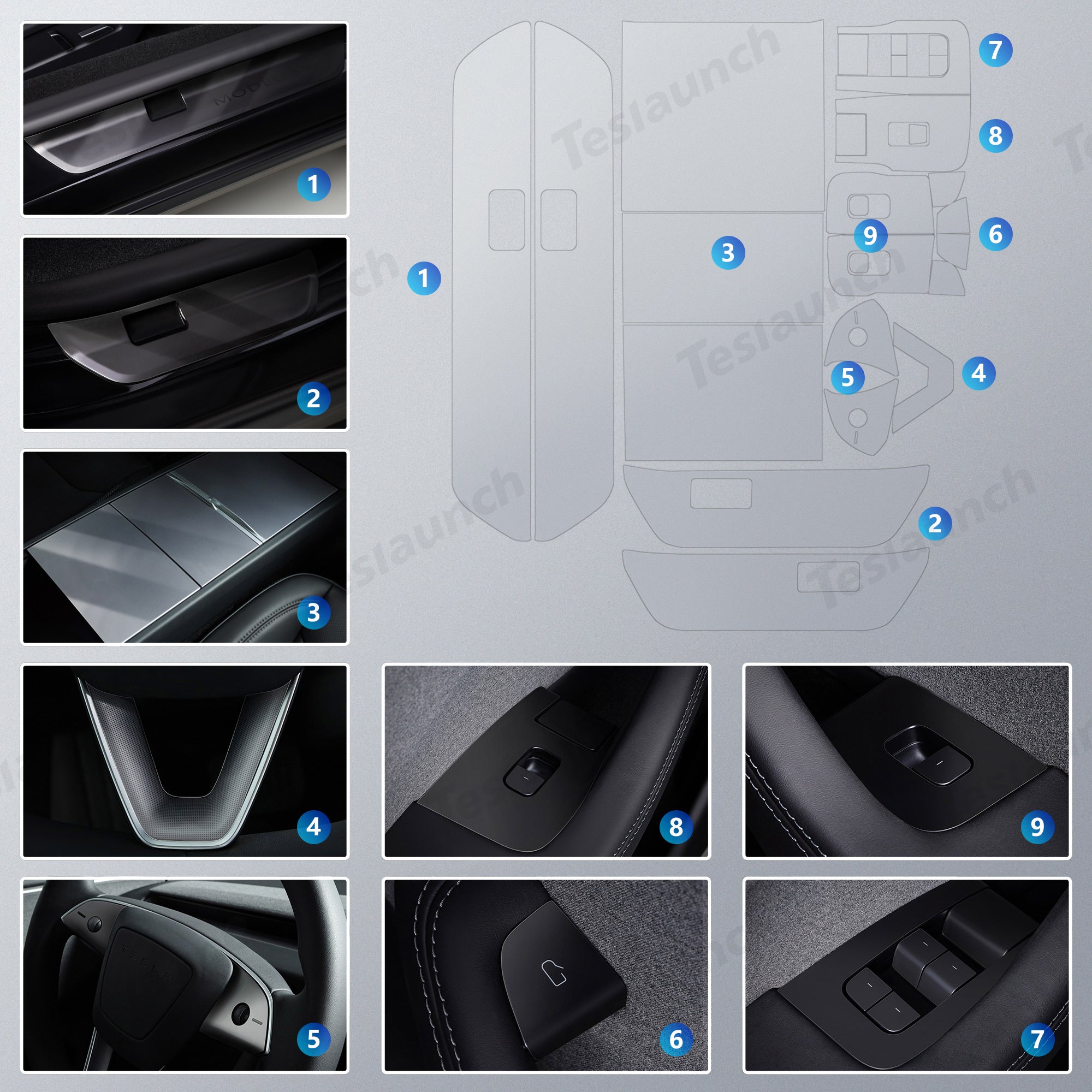 2024 Model 3 Highland Center Console Panel Door Entry Door Button Switch Window Switch Button Steering Wheel Buttons PPF (18PCS)