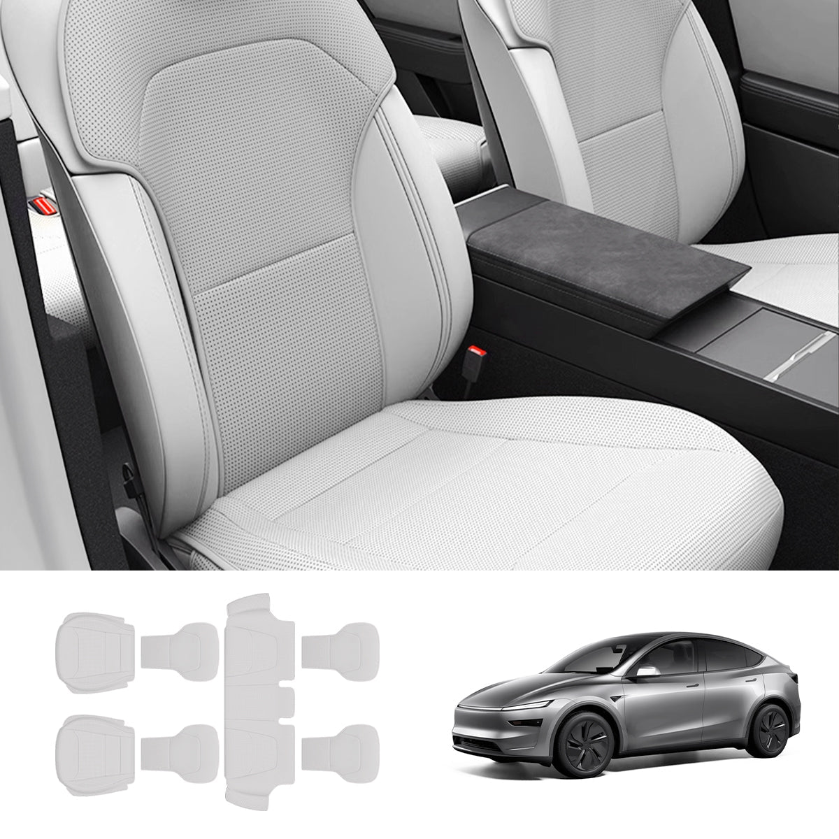 Napa Leather Seat Cushion Set – All-Season Ventilated Comfort for Tesla Model Y Juniper 2025+ (7-Piece Set) - T-Launch