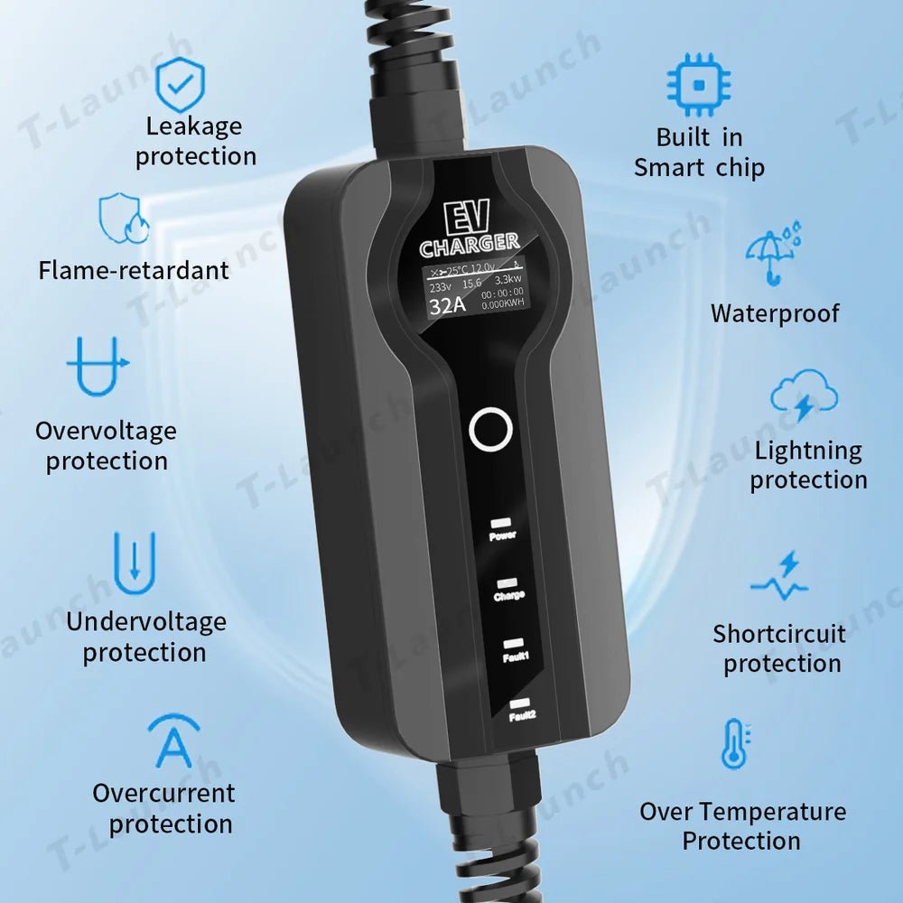 Portable Charger 16A/32A Adjustable Mode 2 Level 2 Household Waterproof EV Charger For Tesla Model S/X/3/Y - T-Launch