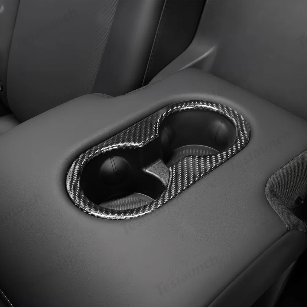 [Real Carbon Fiber] Rear Armrest Cup Holder Cover for Tesla Model Y Juniper 2025+ - T-Launch