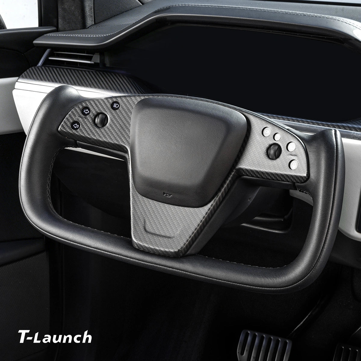 [Real Carbon Fiber] Yoke Steering Wheel Cover Overlay Plate Panel For Model S/X (2021+) - T-Launch