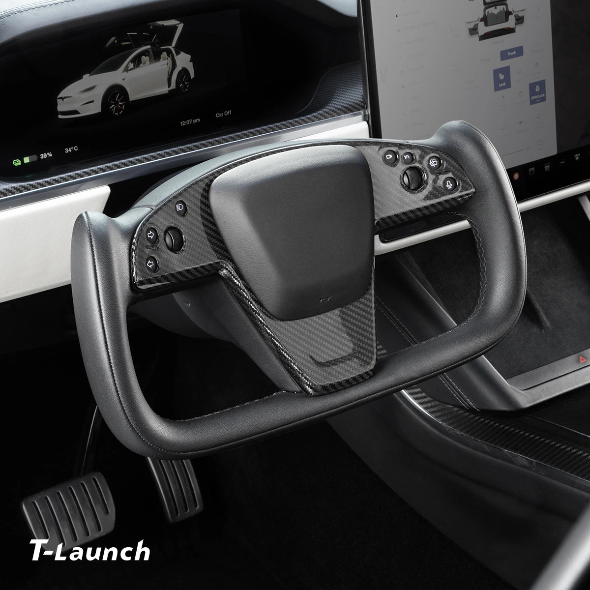 [Real Carbon Fiber] Yoke Steering Wheel Cover Overlay Plate Panel For Model S/X (2021+) - T-Launch