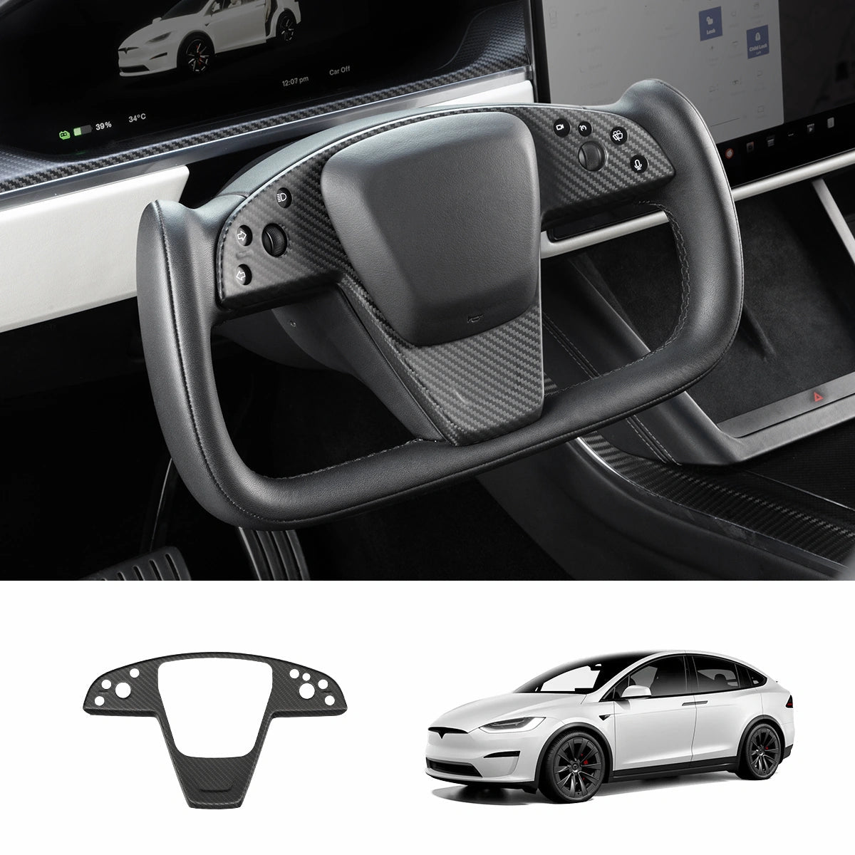 [Real Carbon Fiber] Yoke Steering Wheel Cover Overlay Plate Panel For Model S/X (2021+) - T-Launch