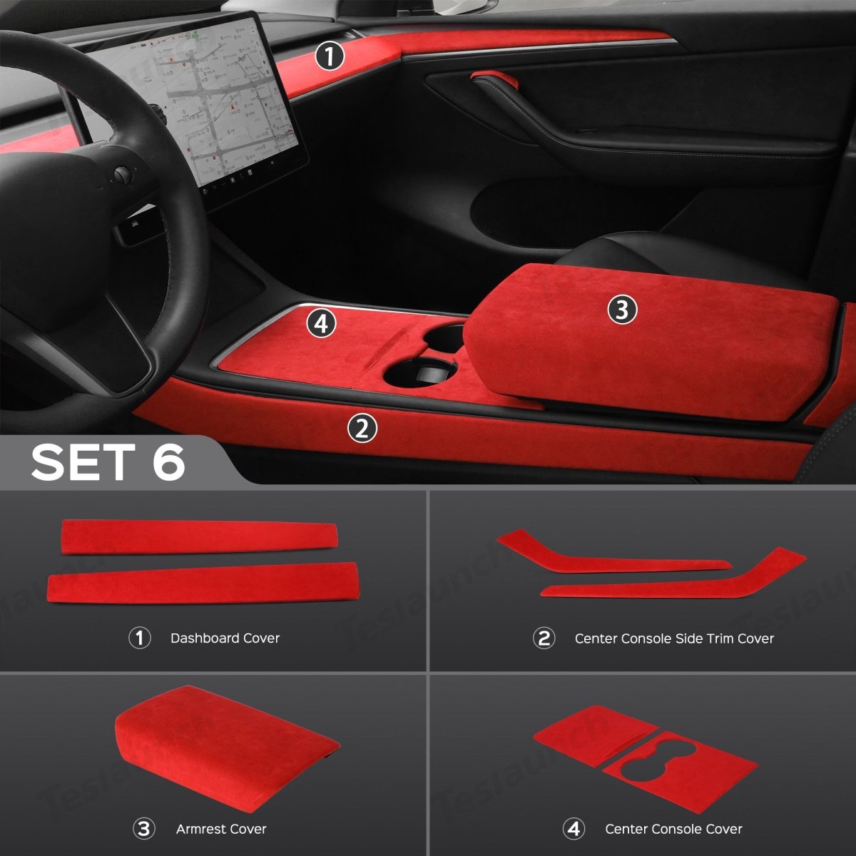 Red Alcantara Wrap Kit Interior Accessories for 2021-2023 Model 3 and Model Y - T-Launch
